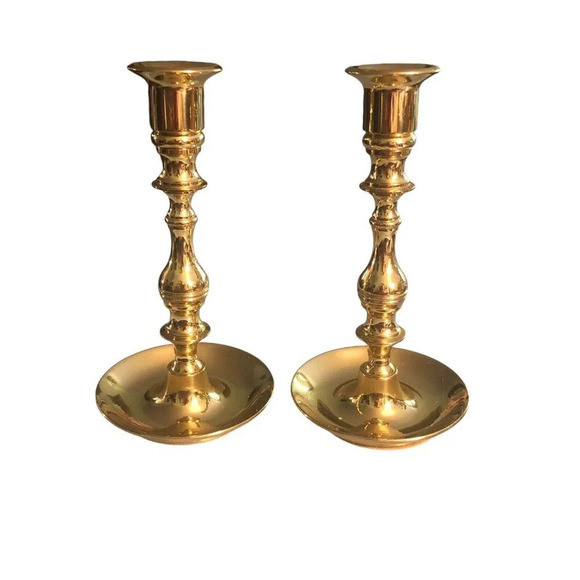 Vtg BALDWIN BRASS 7" Pair Candle Holders Candlesticks Round Base Forged in USA - Picture 1 of 6